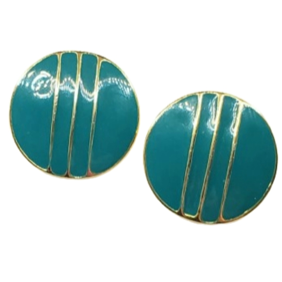 Round Teal Enamel Studs with 3 Vertical Gold Stripes - Picture 1 of 6